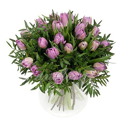 Букет из 37 лиловых тюльпанов и зелени